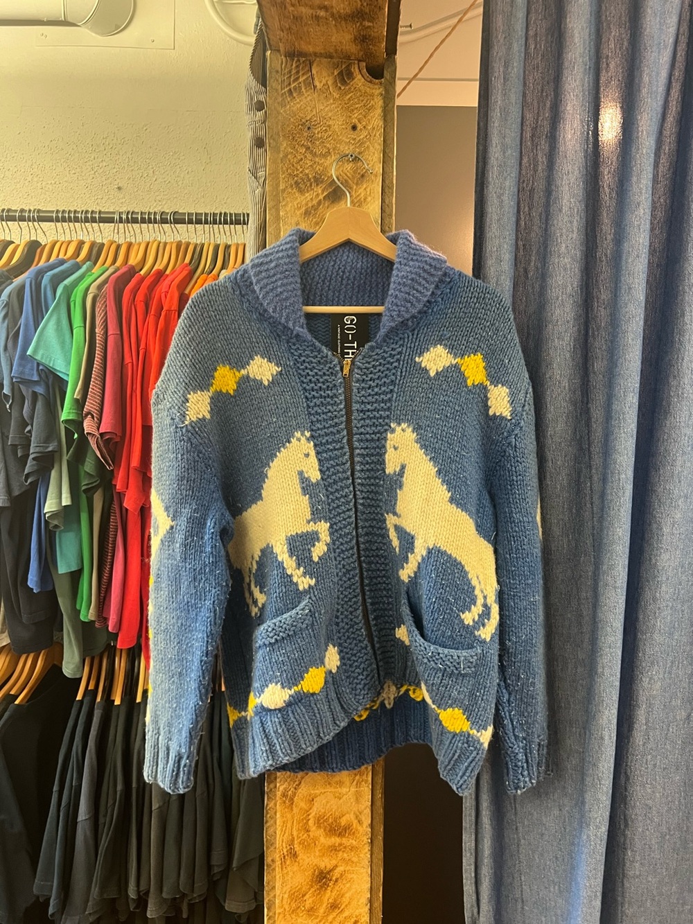 Vintage Blue Horse Knit Zip Cowichan
